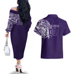 Personalized Fremantle Dockers Polynesian Couples Matching Off The Shoulder Long Sleeve Dress and Hawaiian Shirt Tribal Chest and Sleeve Tattoo Heritage Warrior