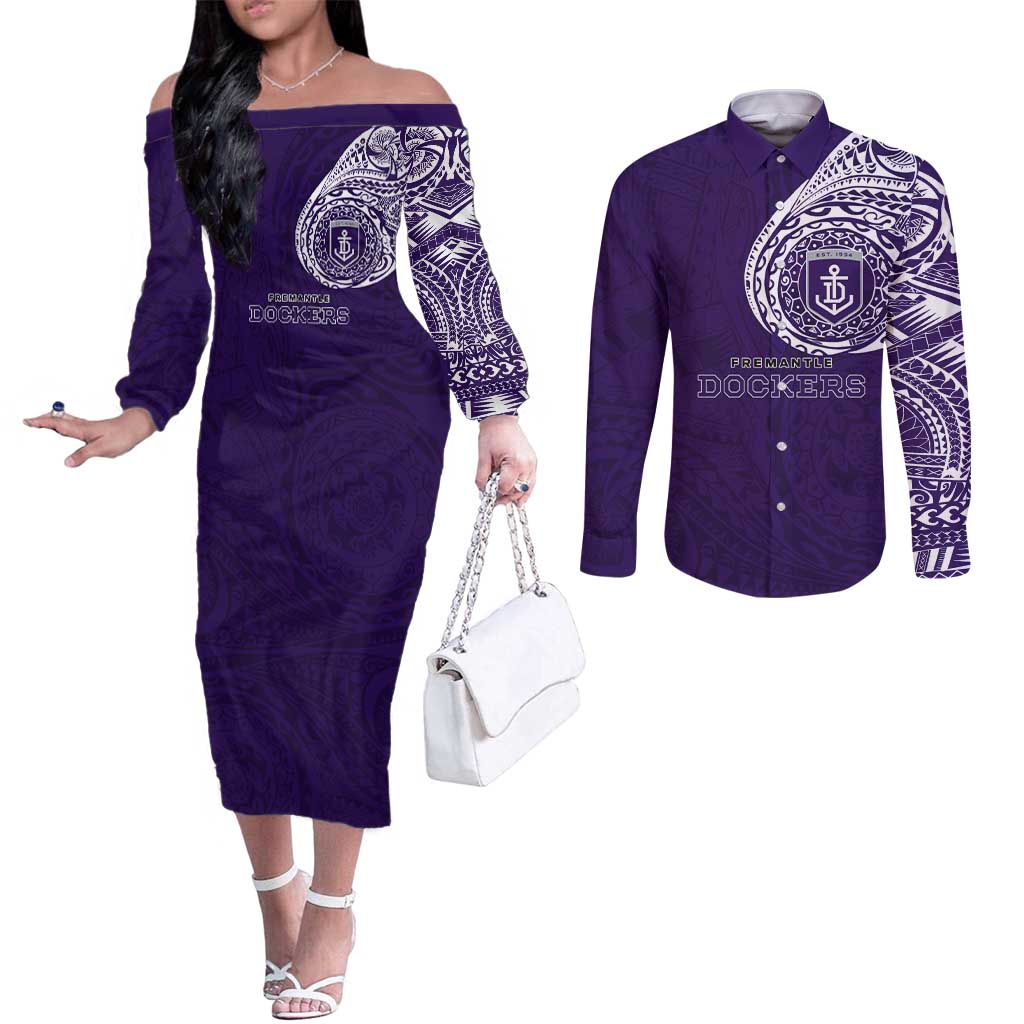 Personalized Fremantle Dockers Polynesian Couples Matching Off The Shoulder Long Sleeve Dress and Long Sleeve Button Shirt Tribal Chest and Sleeve Tattoo Heritage Warrior