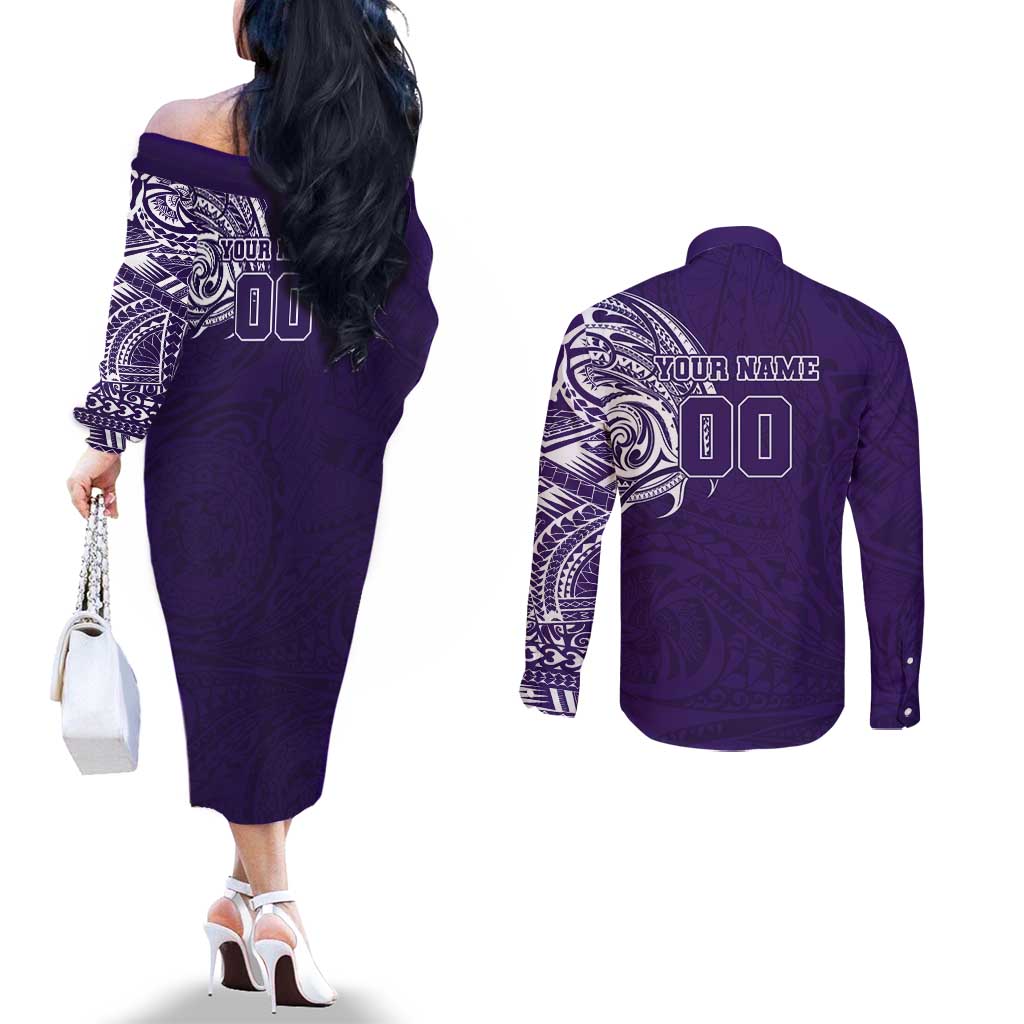 Personalized Fremantle Dockers Polynesian Couples Matching Off The Shoulder Long Sleeve Dress and Long Sleeve Button Shirt Tribal Chest and Sleeve Tattoo Heritage Warrior