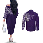 Personalized Fremantle Dockers Polynesian Couples Matching Off The Shoulder Long Sleeve Dress and Long Sleeve Button Shirt Tribal Chest and Sleeve Tattoo Heritage Warrior