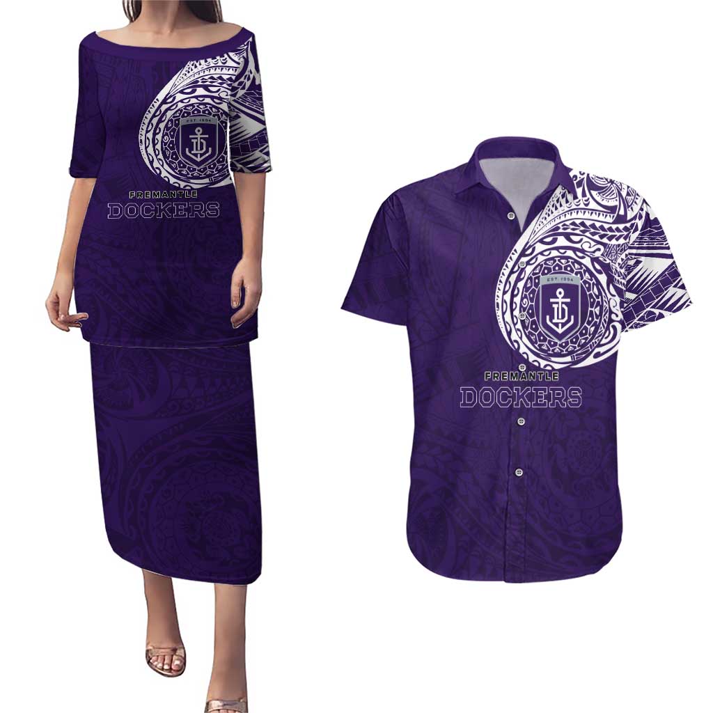 Personalized Fremantle Dockers Polynesian Couples Matching Puletasi and Hawaiian Shirt Tribal Chest and Sleeve Tattoo Heritage Warrior