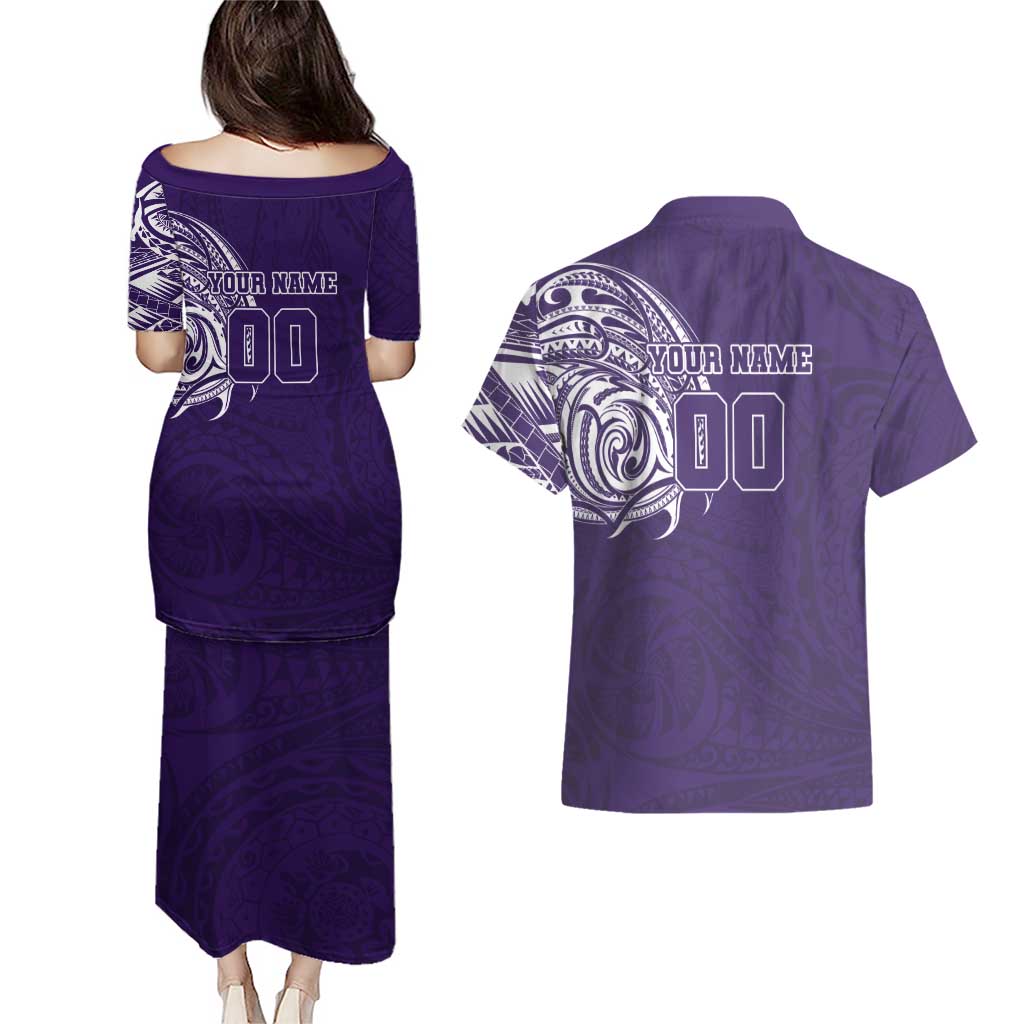 Personalized Fremantle Dockers Polynesian Couples Matching Puletasi and Hawaiian Shirt Tribal Chest and Sleeve Tattoo Heritage Warrior