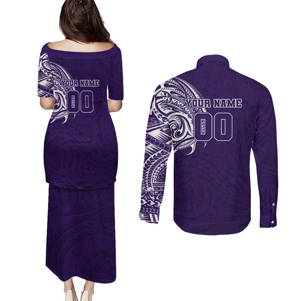 Personalized Fremantle Dockers Polynesian Couples Matching Puletasi and Long Sleeve Button Shirt Tribal Chest and Sleeve Tattoo Heritage Warrior