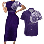 Personalized Fremantle Dockers Polynesian Couples Matching Short Sleeve Bodycon Dress and Hawaiian Shirt Tribal Chest and Sleeve Tattoo Heritage Warrior