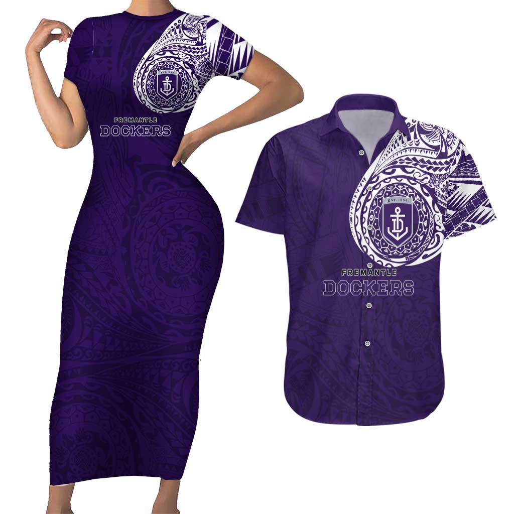 Personalized Fremantle Dockers Polynesian Couples Matching Short Sleeve Bodycon Dress and Hawaiian Shirt Tribal Chest and Sleeve Tattoo Heritage Warrior
