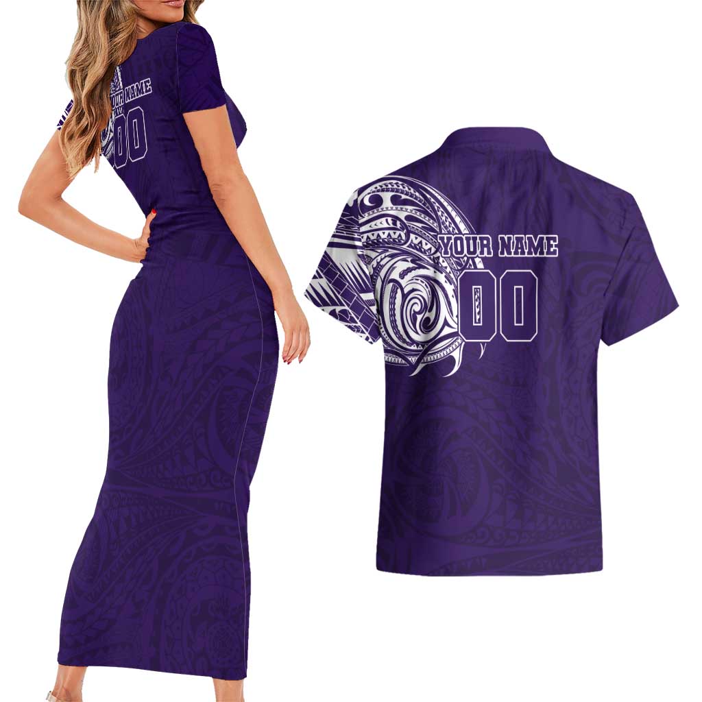 Personalized Fremantle Dockers Polynesian Couples Matching Short Sleeve Bodycon Dress and Hawaiian Shirt Tribal Chest and Sleeve Tattoo Heritage Warrior