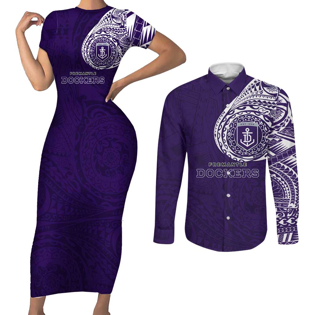 Personalized Fremantle Dockers Polynesian Couples Matching Short Sleeve Bodycon Dress and Long Sleeve Button Shirt Tribal Chest and Sleeve Tattoo Heritage Warrior