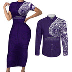 Personalized Fremantle Dockers Polynesian Couples Matching Short Sleeve Bodycon Dress and Long Sleeve Button Shirt Tribal Chest and Sleeve Tattoo Heritage Warrior