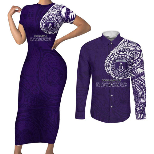 Personalized Fremantle Dockers Polynesian Couples Matching Short Sleeve Bodycon Dress and Long Sleeve Button Shirt Tribal Chest and Sleeve Tattoo Heritage Warrior