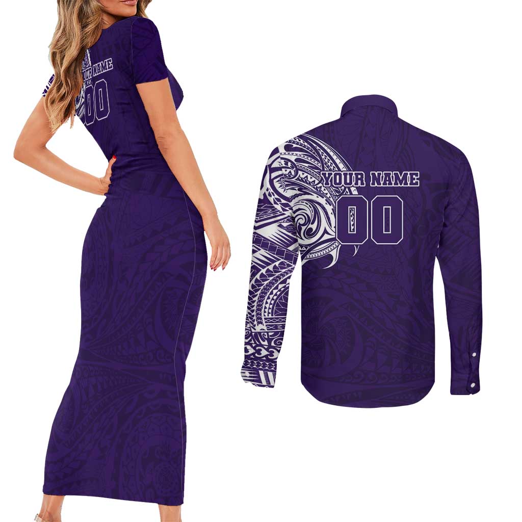 Personalized Fremantle Dockers Polynesian Couples Matching Short Sleeve Bodycon Dress and Long Sleeve Button Shirt Tribal Chest and Sleeve Tattoo Heritage Warrior