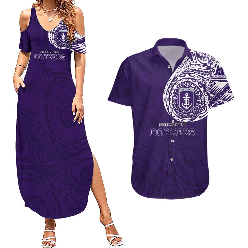 Personalized Fremantle Dockers Polynesian Couples Matching Summer Maxi Dress and Hawaiian Shirt Tribal Chest and Sleeve Tattoo Heritage Warrior