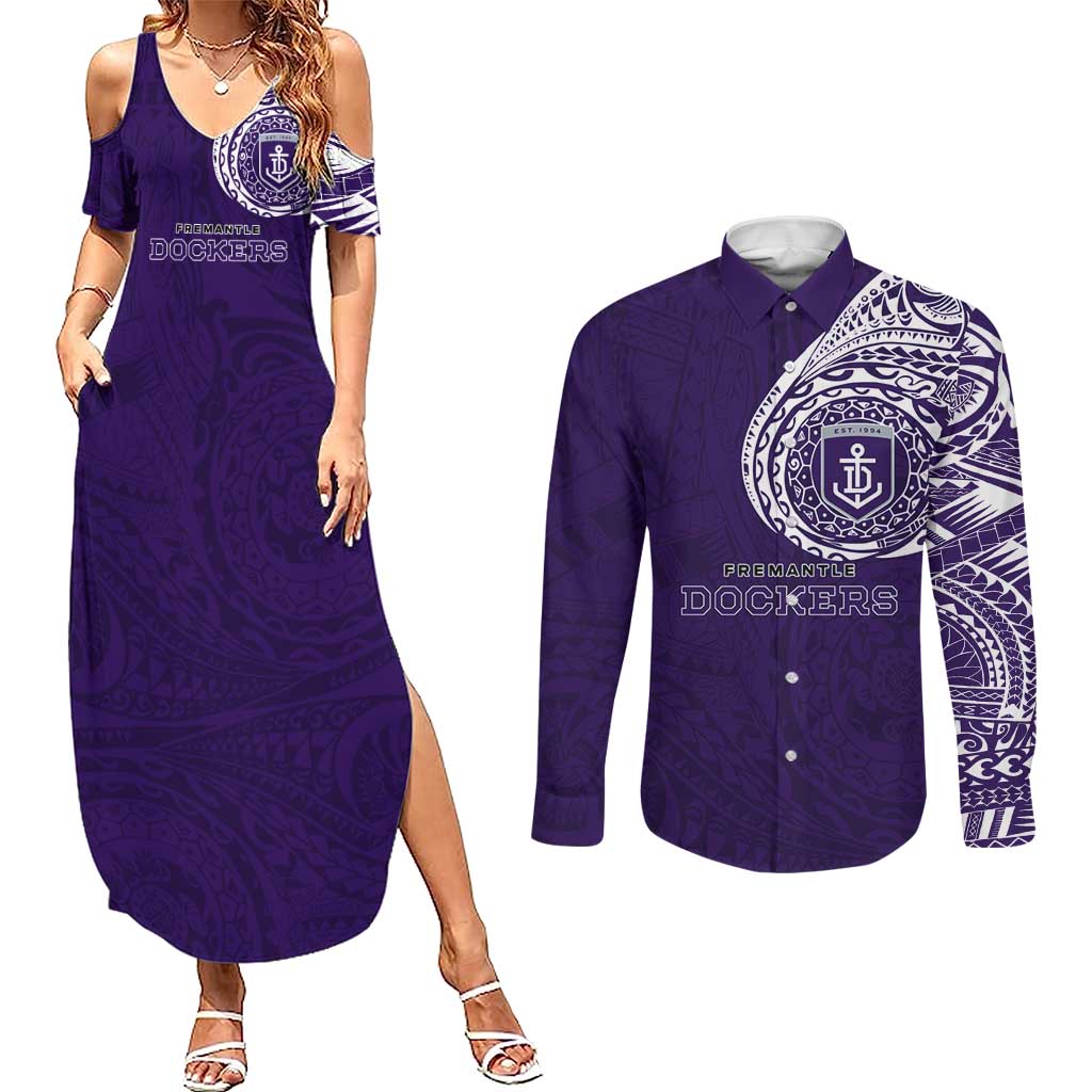 Personalized Fremantle Dockers Polynesian Couples Matching Summer Maxi Dress and Long Sleeve Button Shirt Tribal Chest and Sleeve Tattoo Heritage Warrior