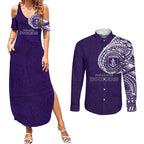 Personalized Fremantle Dockers Polynesian Couples Matching Summer Maxi Dress and Long Sleeve Button Shirt Tribal Chest and Sleeve Tattoo Heritage Warrior