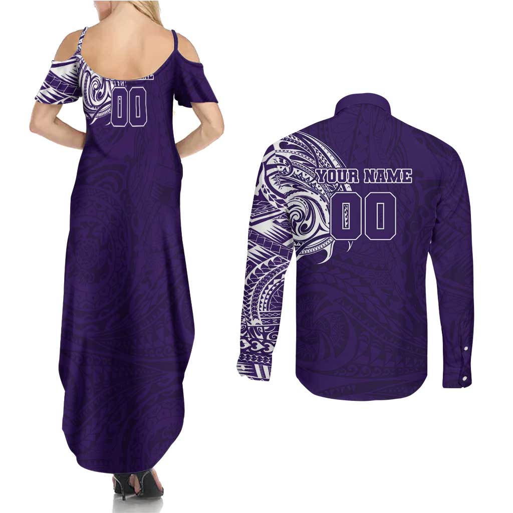 Personalized Fremantle Dockers Polynesian Couples Matching Summer Maxi Dress and Long Sleeve Button Shirt Tribal Chest and Sleeve Tattoo Heritage Warrior