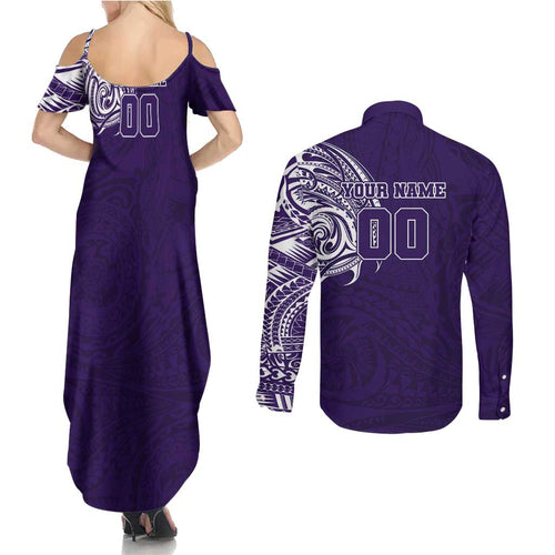 Personalized Fremantle Dockers Polynesian Couples Matching Summer Maxi Dress and Long Sleeve Button Shirt Tribal Chest and Sleeve Tattoo Heritage Warrior