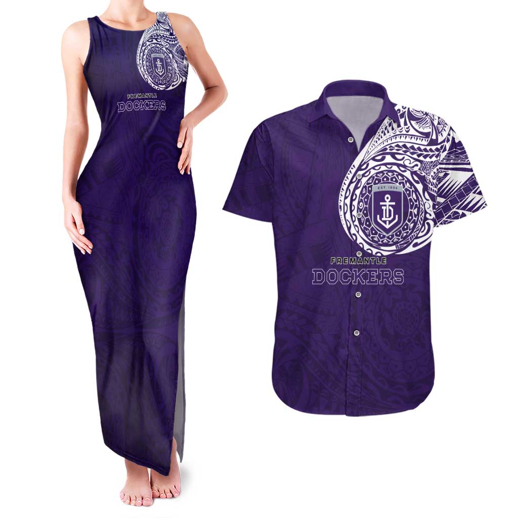 Personalized Fremantle Dockers Polynesian Couples Matching Tank Maxi Dress and Hawaiian Shirt Tribal Chest and Sleeve Tattoo Heritage Warrior