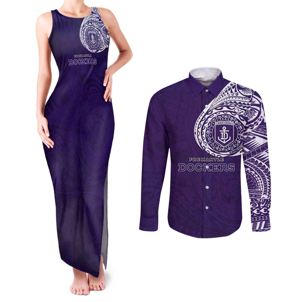 Personalized Fremantle Dockers Polynesian Couples Matching Tank Maxi Dress and Long Sleeve Button Shirt Tribal Chest and Sleeve Tattoo Heritage Warrior
