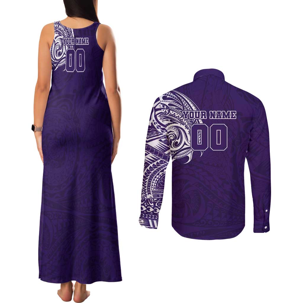 Personalized Fremantle Dockers Polynesian Couples Matching Tank Maxi Dress and Long Sleeve Button Shirt Tribal Chest and Sleeve Tattoo Heritage Warrior