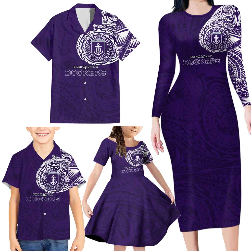 Personalized Fremantle Dockers Polynesian Family Matching Long Sleeve Bodycon Dress and Hawaiian Shirt Tribal Chest and Sleeve Tattoo Heritage Warrior