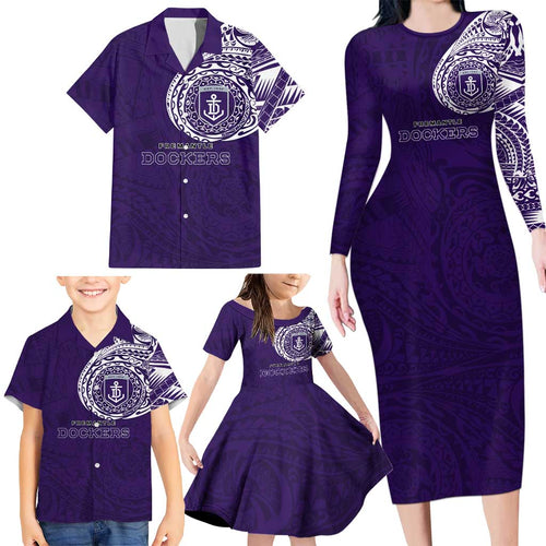 Personalized Fremantle Dockers Polynesian Family Matching Long Sleeve Bodycon Dress and Hawaiian Shirt Tribal Chest and Sleeve Tattoo Heritage Warrior