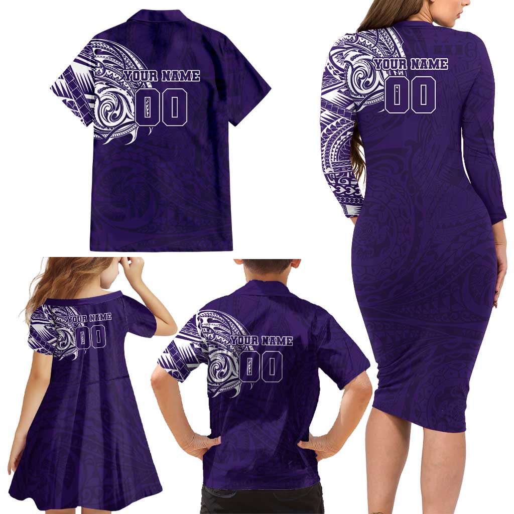 Personalized Fremantle Dockers Polynesian Family Matching Long Sleeve Bodycon Dress and Hawaiian Shirt Tribal Chest and Sleeve Tattoo Heritage Warrior