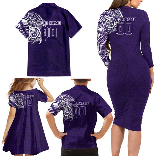 Personalized Fremantle Dockers Polynesian Family Matching Long Sleeve Bodycon Dress and Hawaiian Shirt Tribal Chest and Sleeve Tattoo Heritage Warrior