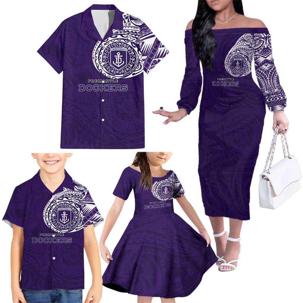 Personalized Fremantle Dockers Polynesian Family Matching Off The Shoulder Long Sleeve Dress and Hawaiian Shirt Tribal Chest and Sleeve Tattoo Heritage Warrior