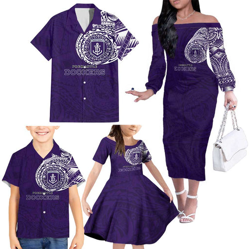 Personalized Fremantle Dockers Polynesian Family Matching Off The Shoulder Long Sleeve Dress and Hawaiian Shirt Tribal Chest and Sleeve Tattoo Heritage Warrior
