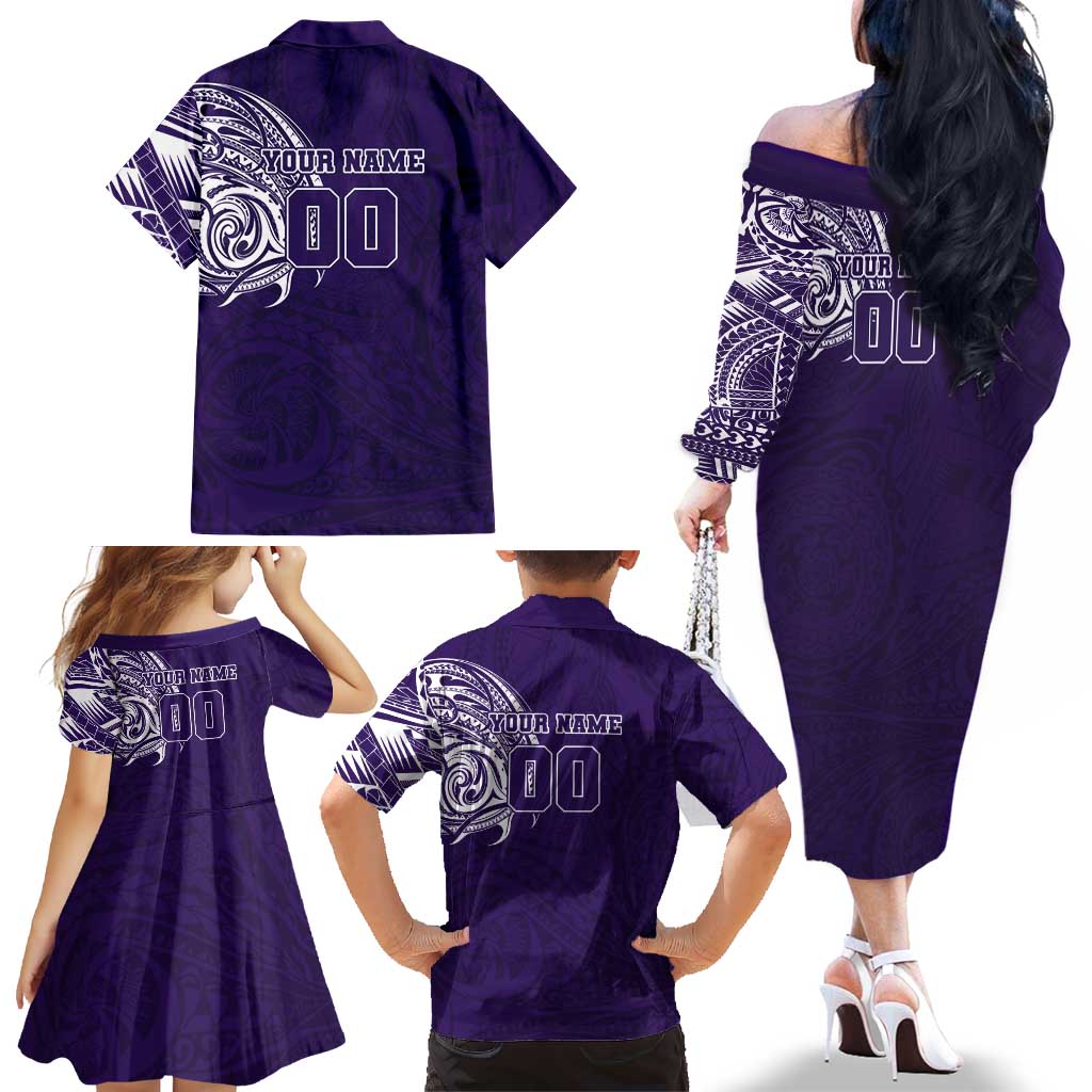 Personalized Fremantle Dockers Polynesian Family Matching Off The Shoulder Long Sleeve Dress and Hawaiian Shirt Tribal Chest and Sleeve Tattoo Heritage Warrior
