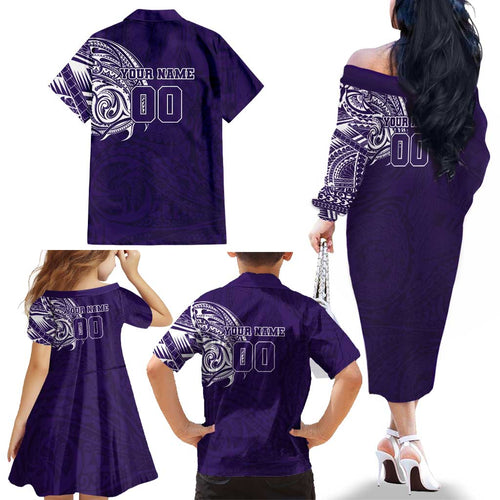 Personalized Fremantle Dockers Polynesian Family Matching Off The Shoulder Long Sleeve Dress and Hawaiian Shirt Tribal Chest and Sleeve Tattoo Heritage Warrior