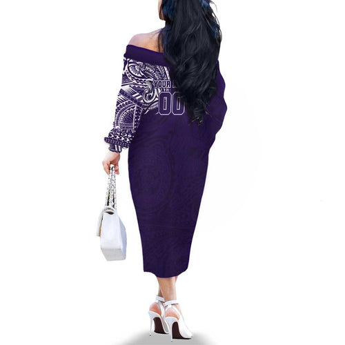 Personalized Fremantle Dockers Polynesian Family Matching Off The Shoulder Long Sleeve Dress and Hawaiian Shirt Tribal Chest and Sleeve Tattoo Heritage Warrior