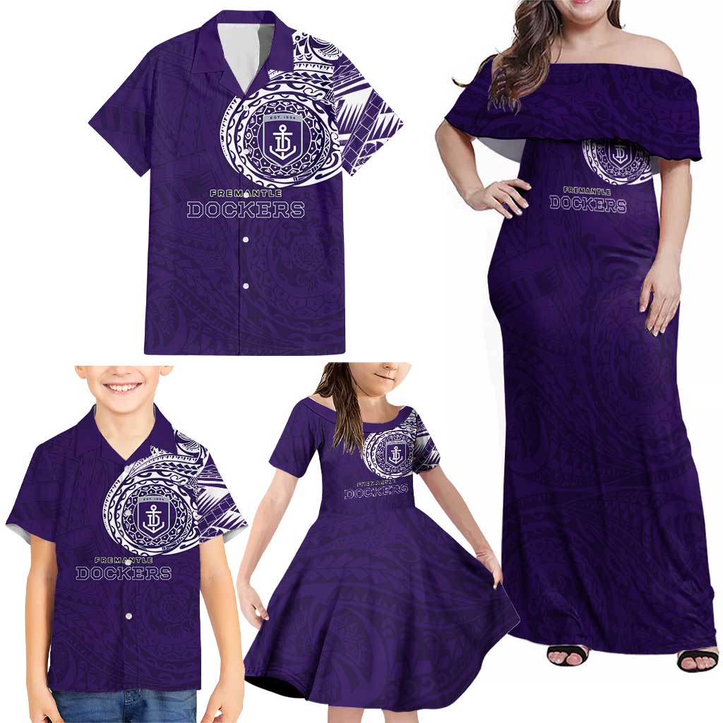 Personalized Fremantle Dockers Polynesian Family Matching Off Shoulder Maxi Dress and Hawaiian Shirt Tribal Chest and Sleeve Tattoo Heritage Warrior