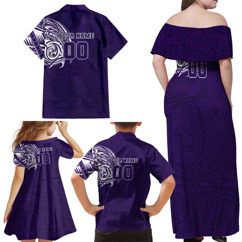 Personalized Fremantle Dockers Polynesian Family Matching Off Shoulder Maxi Dress and Hawaiian Shirt Tribal Chest and Sleeve Tattoo Heritage Warrior