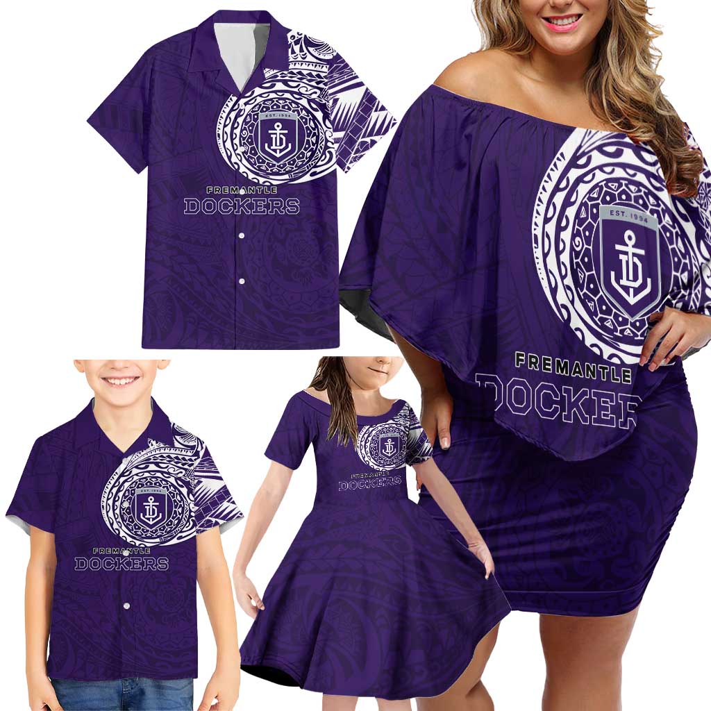Personalized Fremantle Dockers Polynesian Family Matching Off Shoulder Short Dress and Hawaiian Shirt Tribal Chest and Sleeve Tattoo Heritage Warrior