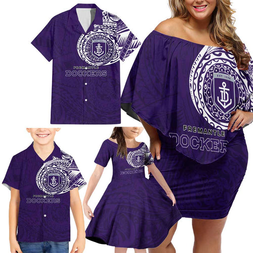 Personalized Fremantle Dockers Polynesian Family Matching Off Shoulder Short Dress and Hawaiian Shirt Tribal Chest and Sleeve Tattoo Heritage Warrior