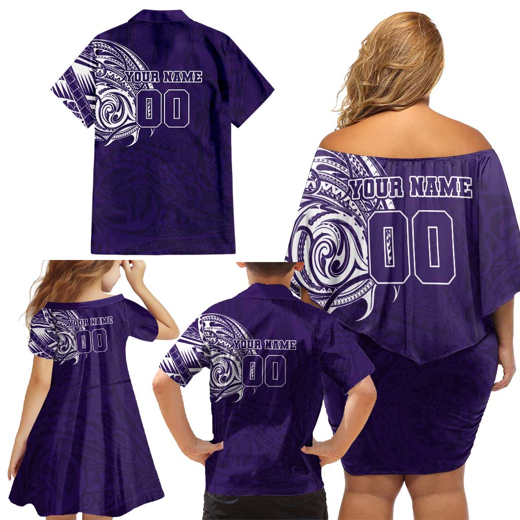 Personalized Fremantle Dockers Polynesian Family Matching Off Shoulder Short Dress and Hawaiian Shirt Tribal Chest and Sleeve Tattoo Heritage Warrior