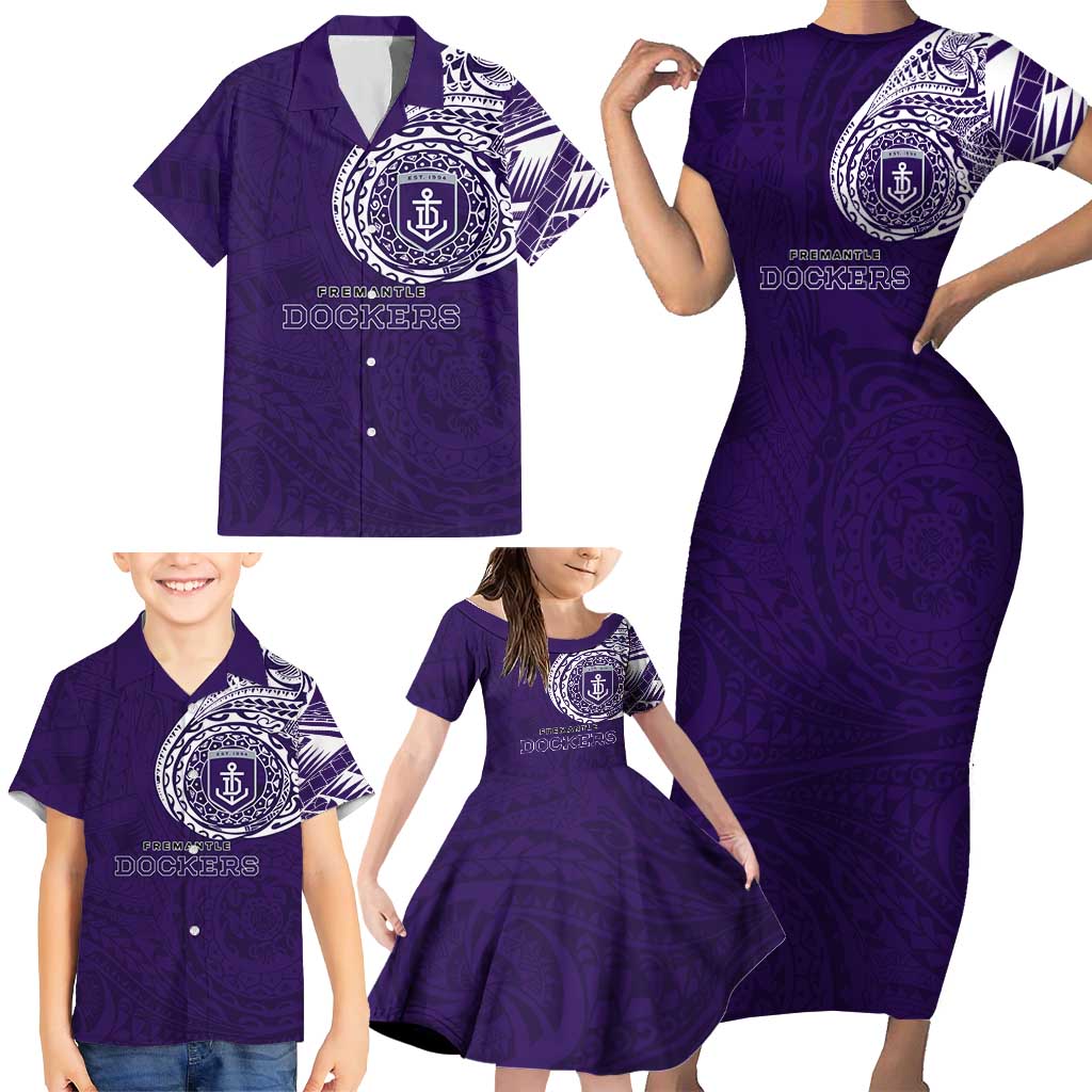Personalized Fremantle Dockers Polynesian Family Matching Short Sleeve Bodycon Dress and Hawaiian Shirt Tribal Chest and Sleeve Tattoo Heritage Warrior