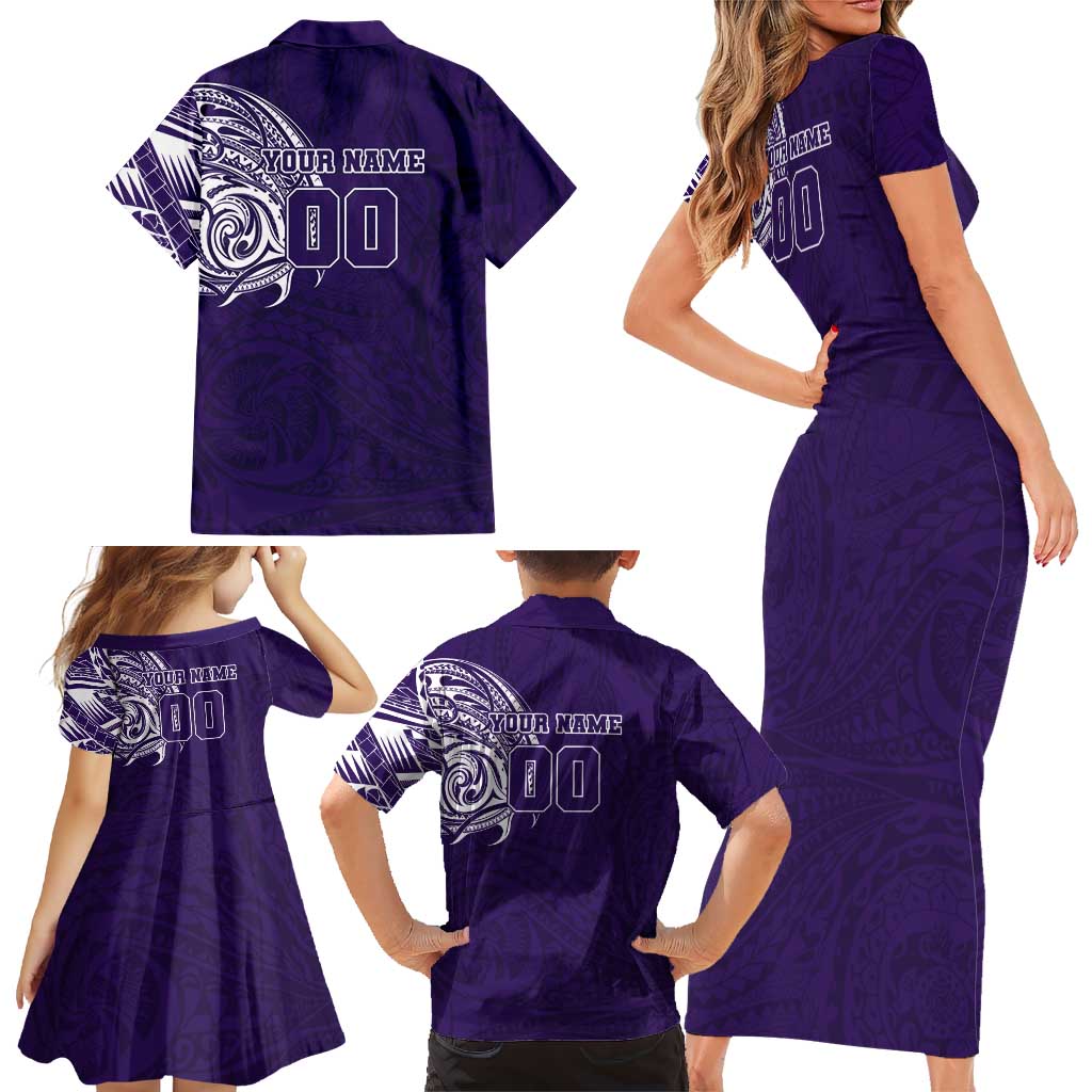 Personalized Fremantle Dockers Polynesian Family Matching Short Sleeve Bodycon Dress and Hawaiian Shirt Tribal Chest and Sleeve Tattoo Heritage Warrior