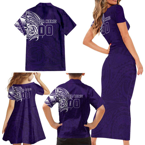 Personalized Fremantle Dockers Polynesian Family Matching Short Sleeve Bodycon Dress and Hawaiian Shirt Tribal Chest and Sleeve Tattoo Heritage Warrior