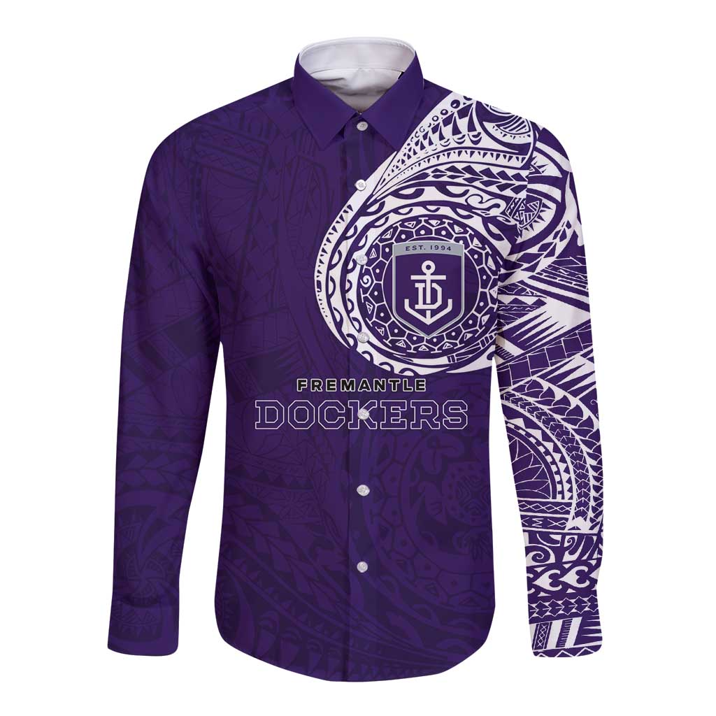 Personalized Fremantle Dockers Polynesian Long Sleeve Button Shirt Tribal Chest and Sleeve Tattoo Heritage Warrior