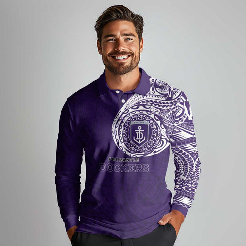 Personalized Fremantle Dockers Polynesian Long Sleeve Polo Shirt Tribal Chest and Sleeve Tattoo Heritage Warrior