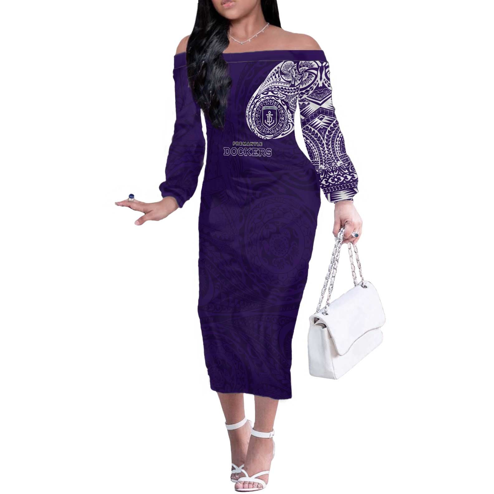 Personalized Fremantle Dockers Polynesian Off The Shoulder Long Sleeve Dress Tribal Chest and Sleeve Tattoo Heritage Warrior