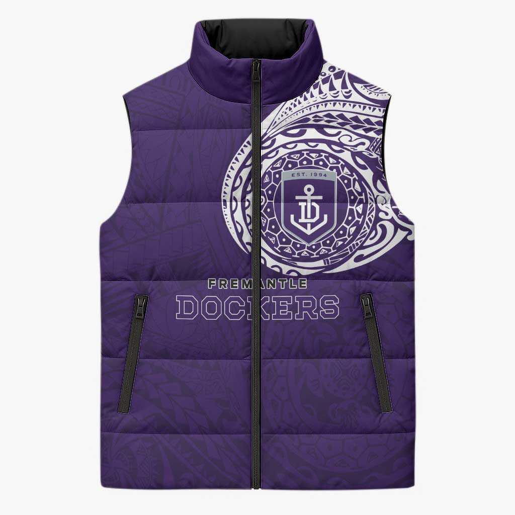 Personalized Fremantle Dockers Polynesian Sleeveless Puffer Jacket Tribal Chest and Sleeve Tattoo Heritage Warrior