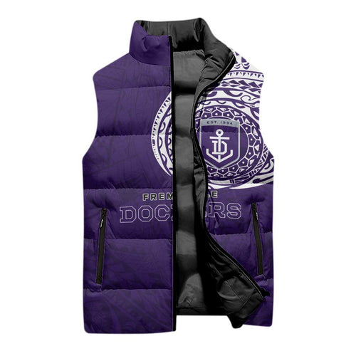 Personalized Fremantle Dockers Polynesian Sleeveless Puffer Jacket Tribal Chest and Sleeve Tattoo Heritage Warrior