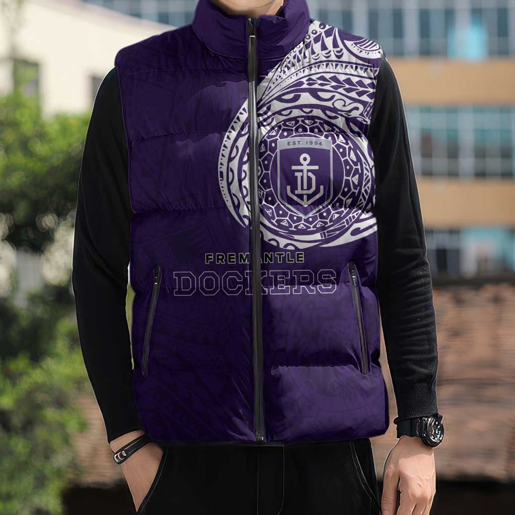 Personalized Fremantle Dockers Polynesian Sleeveless Puffer Jacket Tribal Chest and Sleeve Tattoo Heritage Warrior