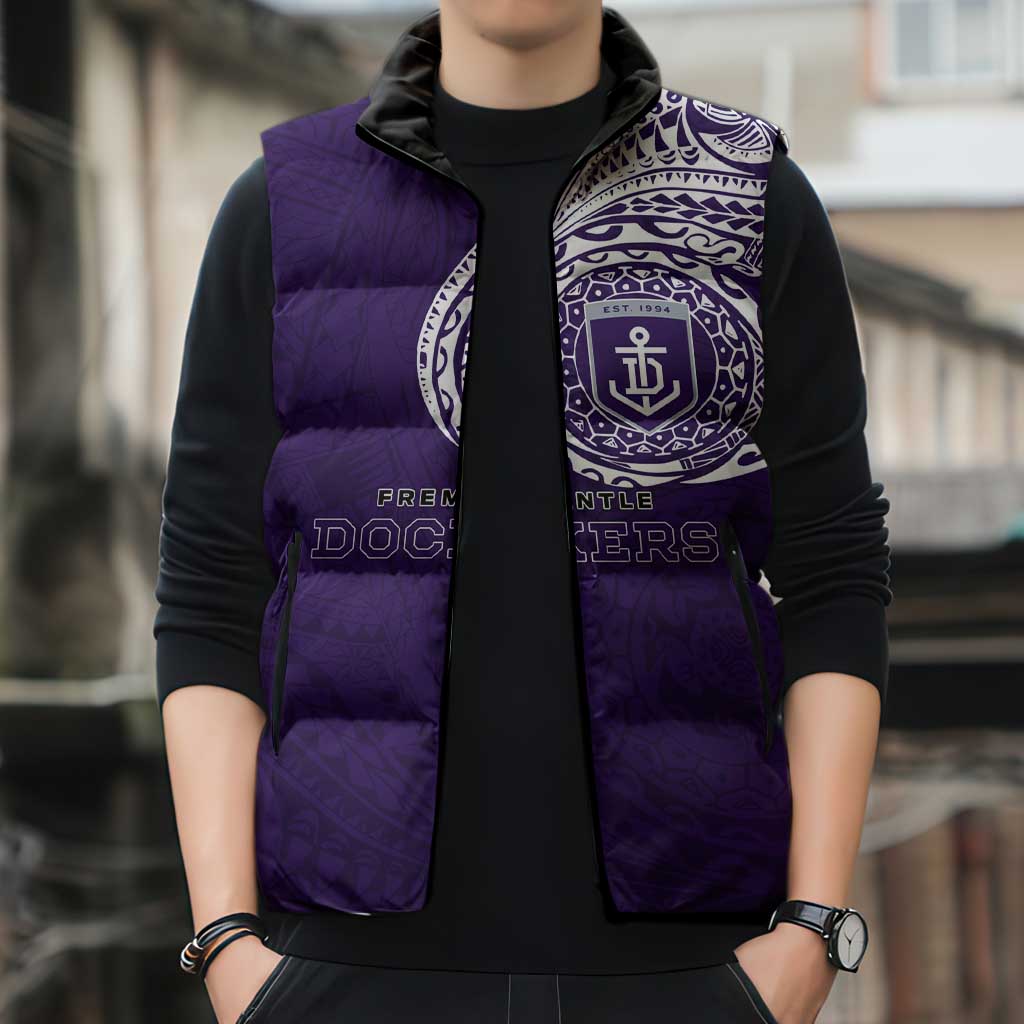 Personalized Fremantle Dockers Polynesian Sleeveless Puffer Jacket Tribal Chest and Sleeve Tattoo Heritage Warrior
