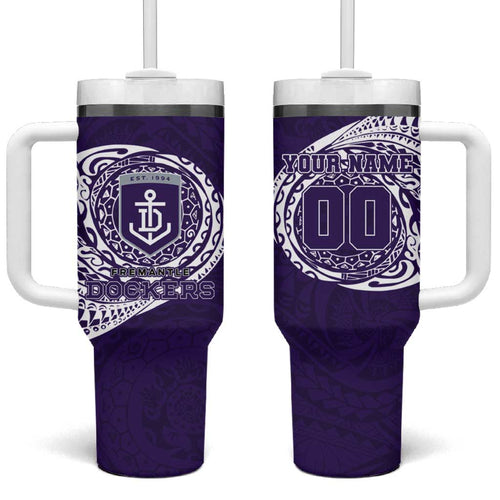 Personalized Fremantle Dockers Polynesian Tumbler With Handle Tribal Chest and Sleeve Tattoo Heritage Warrior