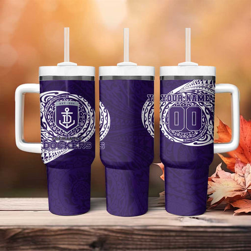 Personalized Fremantle Dockers Polynesian Tumbler With Handle Tribal Chest and Sleeve Tattoo Heritage Warrior