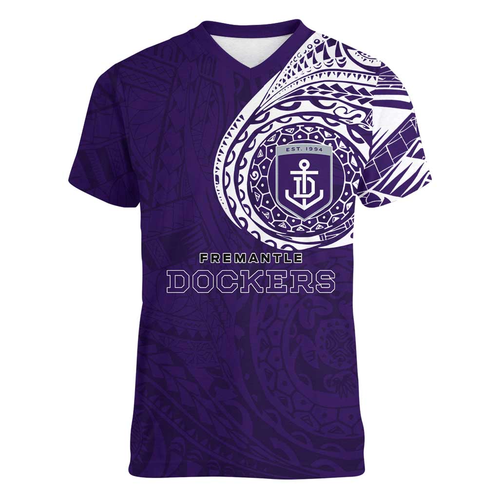 Personalized Fremantle Dockers Polynesian Women V-Neck T-Shirt Tribal Chest and Sleeve Tattoo Heritage Warrior