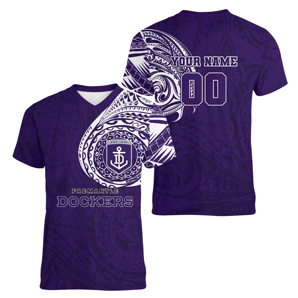 Personalized Fremantle Dockers Polynesian Women V-Neck T-Shirt Tribal Chest and Sleeve Tattoo Heritage Warrior